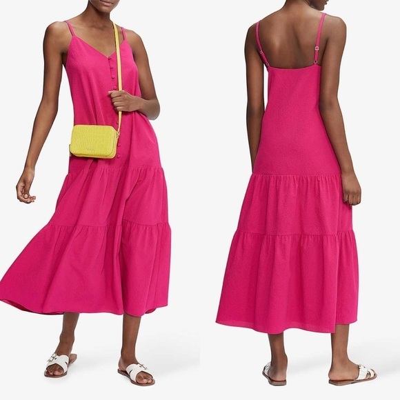 NWT Ted Baker Luaan Button Through Cami Midi Dress 10 Deep Pink Textured Crepe